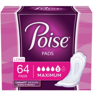 Poise Incontinence Pads for Women, 5 Drop Maximum Absorbency, Long Length, 64 Count