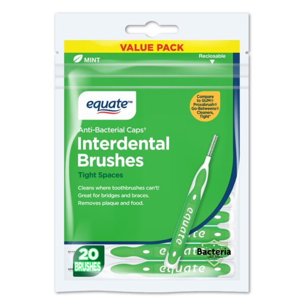Equate Interdental Brushes with Anti-Bacterial Caps for Tight Spaces (20 Count), Compare to GUM® Proxabrush® Go-Betweens® Cleaners, Tight
