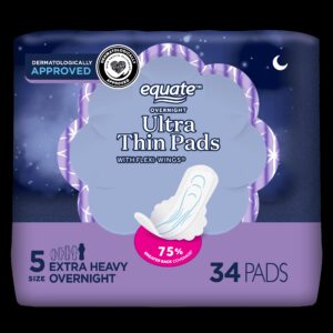 Equate Overnight Ultra Thin Pads with Wings, Size 5, Extra Heavy Overnight Protection (34 Count) - Image 18