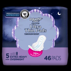 Equate Overnight Ultra Thin Pads with Wings, Size 5, Extra Heavy Overnight Protection (34 Count) - Image 19