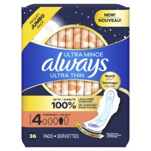 Always Ultra Thin Overnight Pads with Wings, Size 4, Overnight Absorbency, 36 Count - Image 10