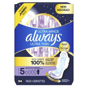 Always Ultra Thin Overnight Pads with Wings, Size 5, Extra Heavy Overnight Absorbency, 15 CT - Image 22