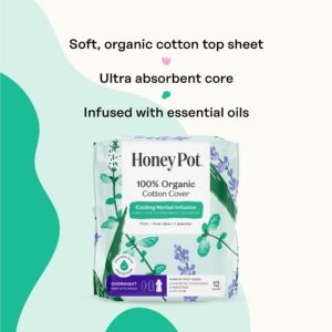 Honey Pot 100% Organic Cotton Cover Cooling Herbal Infusion Overnight Pads, 12 Count