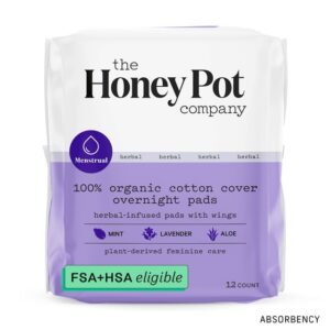Honey Pot 100% Organic Cotton Cover Cooling Herbal Infusion Overnight Pads, 12 Count