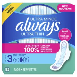 Always Ultra Thin Pads with Wings, Size 3, Extra Long Super Absorbency, 52 CT - Image 9