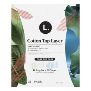 L. Ultra Thin Pads for Women, Regular + Super Duo Pack Absorbency, Organic Cotton Top Layer, Unscented Pads with Wings, 34 CT - Image 6