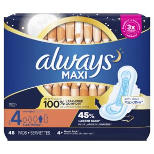 Always Maxi Overnight Pads with Wings for Women, Size 4, Overnight Absorbency, Unscented, 72 Count - Image 27