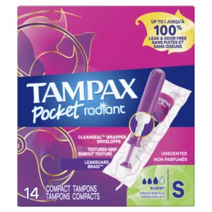 Tampax Pocket Radiant Compact Plastic Tampons, With LeakGuard Braid, Super Absorbency, Unscented, 14 Count - Image 9