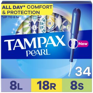 Tampax Pearl Tampons Trio Multipack with LeakGuard Braid, Light/Regular/Super Absorbency, 64 Ct