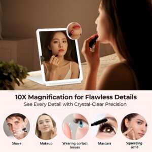 Ouwald Makeup Mirror, 1500mA Rechargeable Vanity Mirror with Lights 92 Led, Portable 10'' Travel Lighted Makeup Mirror with 10X Magnification Mirror, White - Image 4