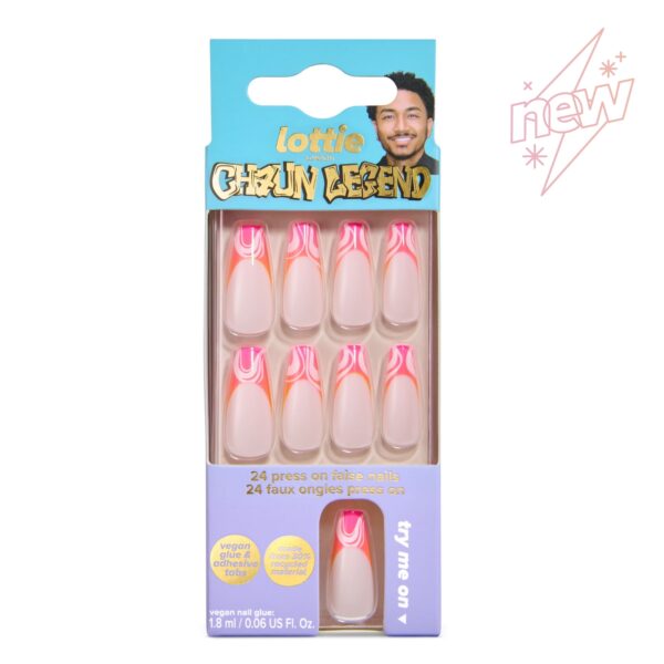 Lottie London x Chaun Legend Stay Press’d, Press on Nail Set, Pink & Orange Ombre Swirl Tips Coffin Shape, Chaunbré Sunset, 24 Nails