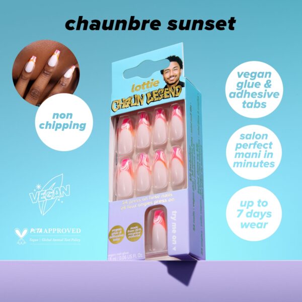 Lottie London x Chaun Legend Stay Press’d, Press on Nail Set, Pink & Orange Ombre Swirl Tips Coffin Shape, Chaunbré Sunset, 24 Nails