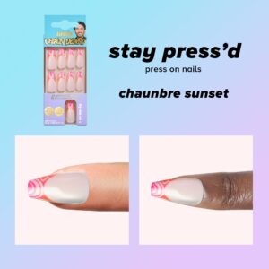 Lottie London x Chaun Legend Stay Press’d, Press on Nail Set, Pink & Orange Ombre Swirl Tips Coffin Shape, Chaunbré Sunset, 24 Nails