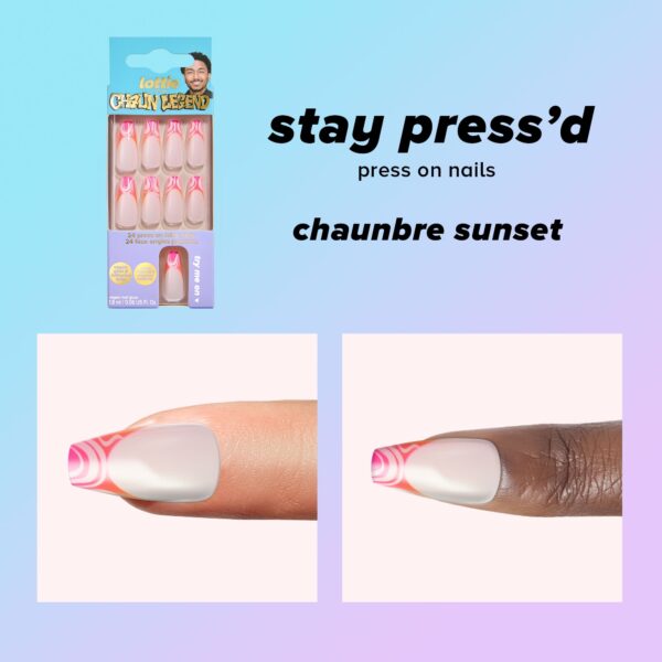 Lottie London x Chaun Legend Stay Press’d, Press on Nail Set, Pink & Orange Ombre Swirl Tips Coffin Shape, Chaunbré Sunset, 24 Nails