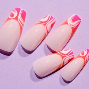 Lottie London x Chaun Legend Stay Press’d, Press on Nail Set, Pink & Orange Ombre Swirl Tips Coffin Shape, Chaunbré Sunset, 24 Nails