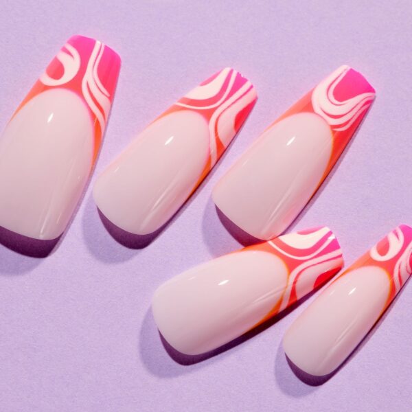 Lottie London x Chaun Legend Stay Press’d, Press on Nail Set, Pink & Orange Ombre Swirl Tips Coffin Shape, Chaunbré Sunset, 24 Nails