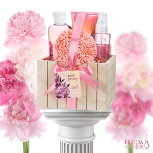 Freida and Joe Mother's Day Bath and Body Gift Set for Her Pink Peony Bathroom Bath Set for Women, Complete Skincare Products in a Natural Wood Plant Box - Perfect Gift Basket for Women - Image 6