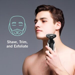 Perry Ellis 4-in-1 Facial Kit, Beard Grooming Kit for Men| Shave, Trim, Exfoliate|Rotary Shaver, 3 Attachable Heads|Ear and Nose Hair Trimmer for Men |Spin Brush, Beard Trimmer|USB Fold Charging Stand - Image 3