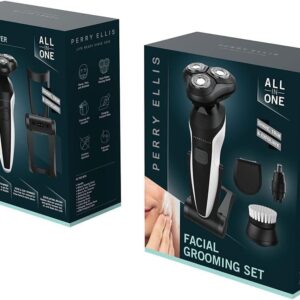 Perry Ellis 4-in-1 Facial Kit, Beard Grooming Kit for Men| Shave, Trim, Exfoliate|Rotary Shaver, 3 Attachable Heads|Ear and Nose Hair Trimmer for Men |Spin Brush, Beard Trimmer|USB Fold Charging Stand - Image 7