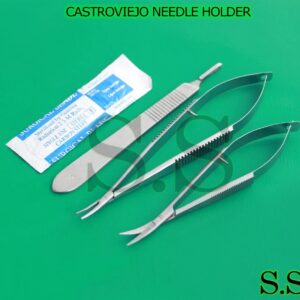 Castroviejo Needle Holder 5.5"+Scissors 4.5" Cvd+Scalpel Handle 3+5 Blades 12 - Image 3