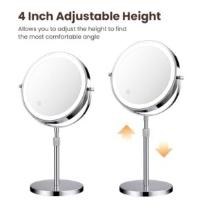 Ouwald Lighted Makeup Mirror with 10X Magnification, 8" Height Adjustable Double Sided Make up Mirror with 3 Colors LED Light Brightness Adjustable, 360°Rotation Vanity Mirror - Image 8