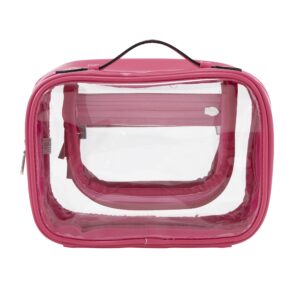 Fusion Brand Double Layer Makeup Bag, Clear and Pink. 4 Zipper Compartments and Handle. 8.6" Long. - Image 3
