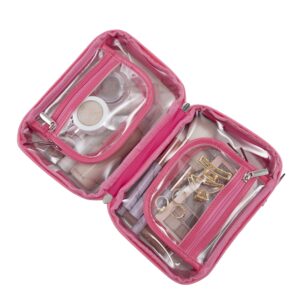 Fusion Brand Double Layer Makeup Bag, Clear and Pink. 4 Zipper Compartments and Handle. 8.6" Long. - Image 4