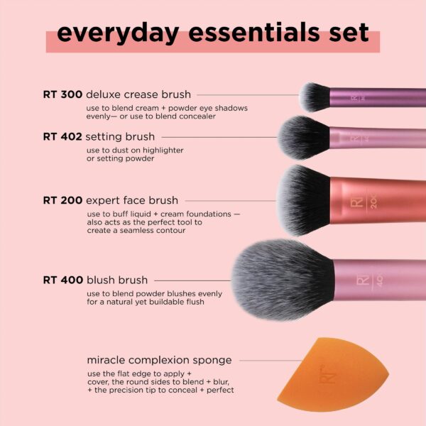 Real Techniques Everyday Essentials Kit, Makeup Brush & Beauty Sponge Set, 5 Piece Set