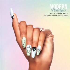 Salon Perfect Artificial Fake Press-ons, 215 Modern Nostalgia, Matte Blue Green UFO, Long Coffin, File and Glue Included, 30 Nails