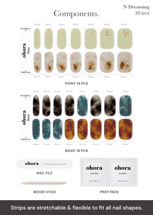Ohora Semi Cured Gel Nail Strips (N Dreaming) – Works with Any UV Nail Lamps, Salon-Quality, Long Lasting, Easy to Apply & Remove – Includes 2 Prep Pads, Nail File & Wooden Stick