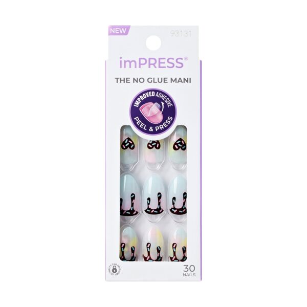 KISS imPRESS No Glue Needed Press On Nails, Design, Spoonful Joy, Blue, Medium Coffin, 30 Count