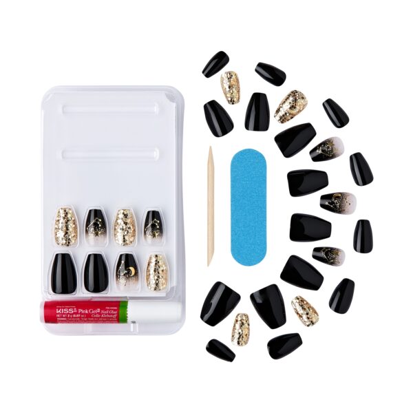 KISS Voguish Fantasy, Press On Nails, Radient, Black, Short Coffin, 28 Count