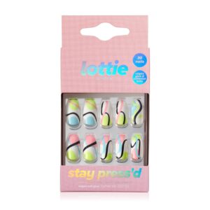 Lottie London Stay Press’d, Press On Nails Set, Pastel Waves-squareletto shape, Wavy Baby, 30 nails