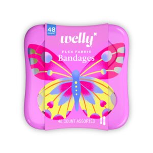 Welly Flex Fabric Bandages, Butterfly Pattern Bravery Badges for Kids, Assorted Sizes, 48 Count - Image 1