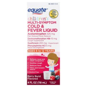 Equate Children's Multi-Symptom Cold & Fever Liquid, Berry Burst Flavor, Ages 6 to 12 Years, 4 fl oz, Compare to Children's Mucinex® Multi-Symptom Cold & Fever Active Ingredients - Image 1