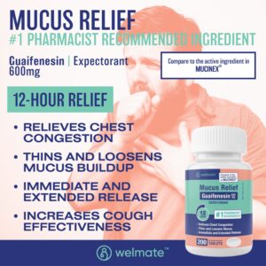 WELMATE Mucus Relief Tablets | Guaifenesin 600 mg | Cough & Cold Expectorant for Chest Congestion | 200 Count - Image 6