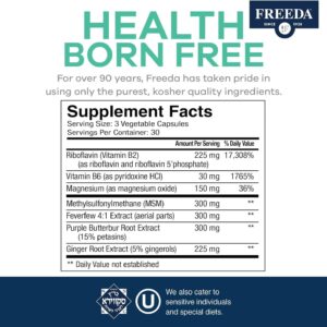 Freeda Ultra Relief Migraine Support Supplement | Vitamin B2, B6, Magnesium, Feverfew, PA-Free Butterbur, and Ginger | Kosher, Vegan, Gluten Free | 90 Capsules - Image 4