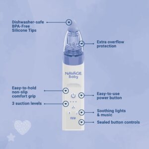 Navage Baby Nasal Aspirator - Gentle Nasal Aspirator for Baby Congestion & Stuffy Noses - Baby Nose Sucker w/ Lights, Lullabies & BPA Free Silicone Tips - Image 6