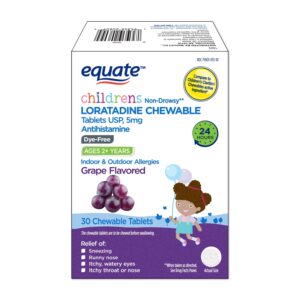 Equate Children's Dye-Free Non-Drowsy Loratadine Grape Flavor Chewable Tablets, 5 mg, 30 Count - Image 1