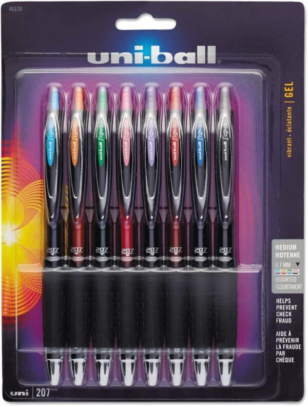 uni-ball 207 Retractable Gel Pens, Medium Point, 0.7 mm, Assorted Ink Colors, 8 Count