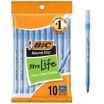 BIC Round Stic Xtra Life Ballpoint Pens, Medium Point (1.0mm), Blue, 10 Count
