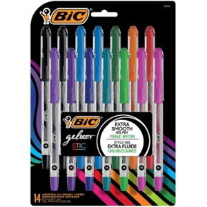 BIC Gel-ocity Stic Gel Pens, Medium Point, 0.7 mm, Clear Barrel, Assorted Ink, Pack of 14 Pens