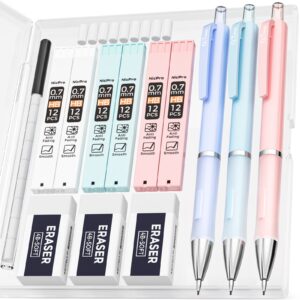 Nicpro 3PCS Pastel Mechanical Pencil Set with Case, 0.7 mm Pencils with 6 Tube HB Lead Refill, 3PCS Eraser, 9PCS Eraser Refill - Image 4