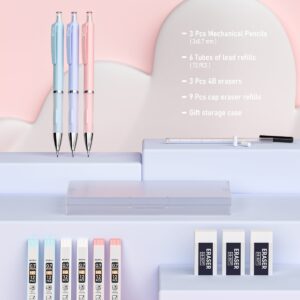 Nicpro 3PCS Pastel Mechanical Pencil Set with Case, 0.7 mm Pencils with 6 Tube HB Lead Refill, 3PCS Eraser, 9PCS Eraser Refill - Image 7