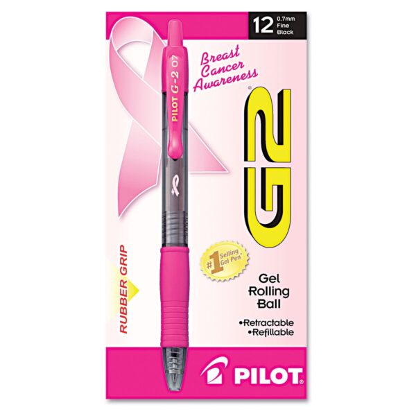 PILOT G2 Premium Pink Ribbon Retractable Gel Roller Ball Pen, Fine Point, Black Ink, 12-Pack (31332)