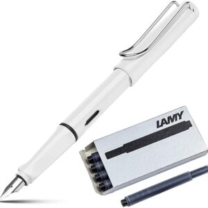 Lamy Safari White Fountain Pen, Medium Nib & 5 Black Ink Cartridges - Image 3