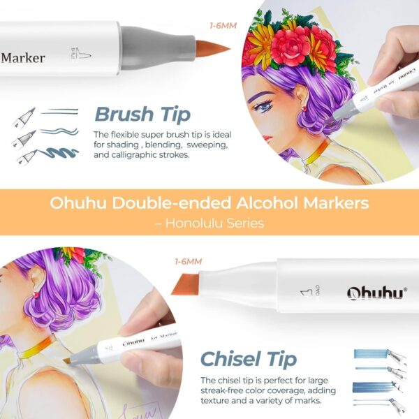 Ohuhu 168-Color Alcohol Brush Markers, Dual Tip Brush & Chisel, Refillable with Blender, Honolulu