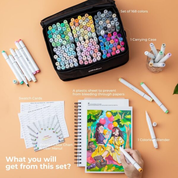 Ohuhu 168-Color Alcohol Brush Markers, Dual Tip Brush & Chisel, Refillable with Blender, Honolulu