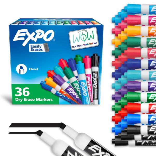 Expo Low-Odor Dry Erase Chisel Tip Markers – Chisel Marker Point Style – Assorted – 36 / Box