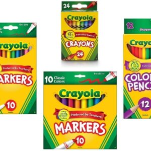 Crayola Crayons (24 Count), Crayola Colored Pencils in Assorted Colors (12 Count), Crayola (10ct) Classic Fine Line Markers, and Crayola (10ct) Classic Broad Line Markers